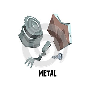 Metal waste old tin can, bent fork, screw. Trash sorting theme. Garbage recycling. Flat vector design for infographic or