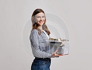 Metal Waste. Smiling Young Female Holding Plastic Container With Aluminum Tin Cans