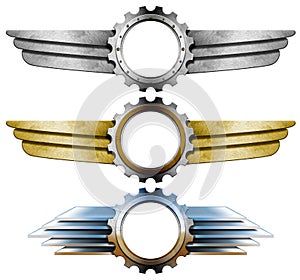 Metal Winged Logos with Gears Isolated on White Background