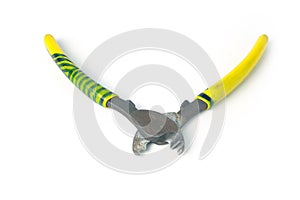 Metal wire cutters with yellow rubber handles isolated on white background