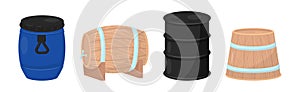 Metal and Wooden Barrel with Fluid Closed Vector Set