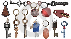 Metal, wooden and plastic door clef holders on steel rings. Oval keychains accessories or pendants isolated on white