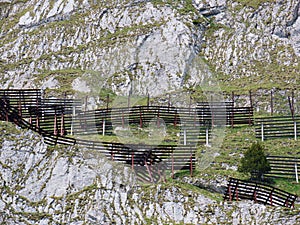 Metal and wooden structures for protection against avalanches on Mount Matthorn in the Pilatus mountain massif, Alpnach