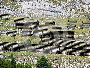 Metal and wooden structures for protection against avalanches on Mount Matthorn in the Pilatus mountain massif, Alpnach
