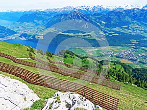 Metal and wooden structures for protection against avalanches on Mount Matthorn in the Pilatus mountain massif, Alpnach