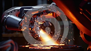 Metal workers in a steel factory use machinery to melt metal generated by AI