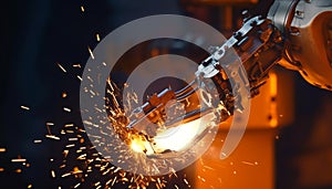 Metal workers in the steel industry use automated machinery for welding generated by AI