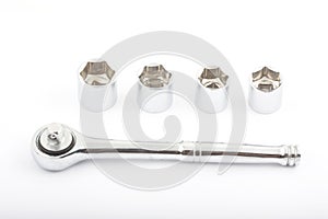 Metal wrench spanner on white