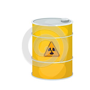 Metal yellow barrel toxic, dangerous sign in cartoon style isolated on white background. Radioactive, flammable.