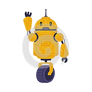 Metal Yellow Robot Machine with Wheel Waving Limb Greeting Vector Illustration