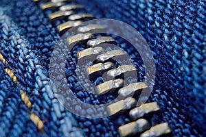 metal zipper on blue jeans. macro.close up.