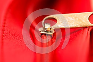 Metal zipper on intense red leather jacket or purse detail close up macro. The zipper is partly open and binding together