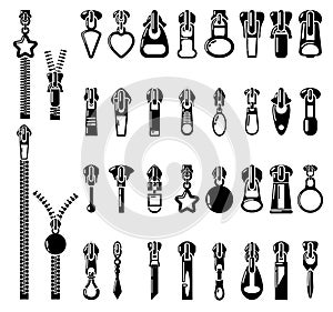 Metal zipper puller icons set, simple style