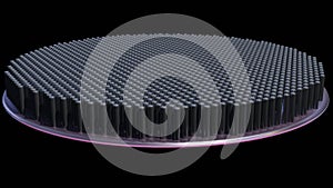 Metalens. Array of small lenses mounted on disk wafer. 3d render illustration view 4