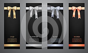 Metalic ribbon in black banner, Gold, Platinum, Silver, Bronze, Vector illustration