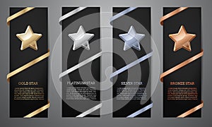 Metalic star and ribbon on black card, Gold, Platinum, Silver, Bronze, Vector illustration
