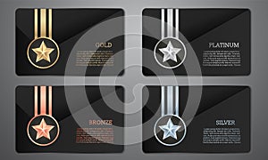 Metalic star and ribbon on black card, Gold, Platinum, Silver, Bronze, Vector illustration photo