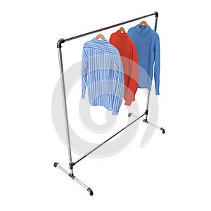 Metall Clothing Display Rack with Shirts on white. 3D illustration