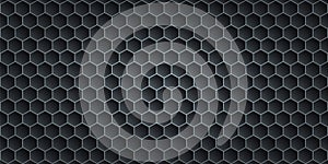 Black metallic abstract background, perforated steel hexagon mesh. dark mockup for cool banners, vector illustration