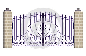Metall protect gates with metal plating, protective timber entrance gateway fence flat vector illustration, isolated on