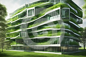 Metallic 3D image of innovative 6 story building, high tech offices, in a green environment, pastoral nature, rectangular, a 2