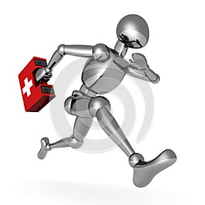 Metallic 3d man running with first aid medical box