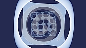 Metallic abstract movie composed from rounded cube with holes shapes rotating on dark blue background. 3d blender render