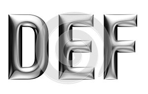 Metallic alphabet with linear font, D E F letters, chrome effect with bevel, white background