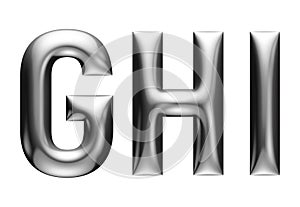 Metallic alphabet with linear font, G H I letters, chrome effect with bevel, white background