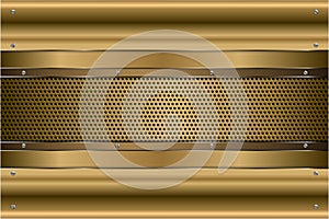 Metallic background.Gold and silver with screws on perforated texture. Luxury golden metal modern design