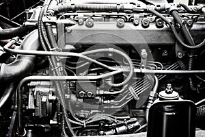 Metallic background of the internal diesel truck engine or car engine.