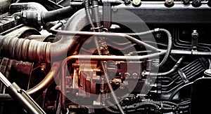 Metallic background of the internal diesel truck engine or car engine.