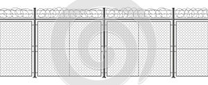 Metallic barbed wire fence. Secured razor wire barrier, steel pillars and razor wire border vector background