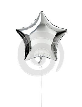 Metallic big silver star balloon object for birthday party or valentines day isolated on a white