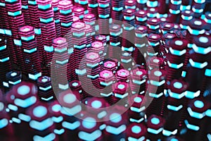 Metallic black blue ad pink glowing hexagons moving pillars background 3D rendering