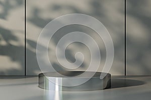 Metallic blank round stand on glossy surface at sunset wall background. 3D rendering, mockup