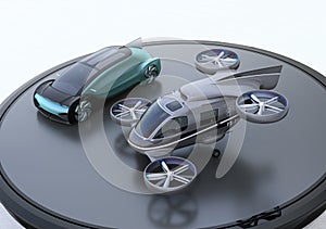 Metallic blue autonomous electric car and passenger drone parking on heliport