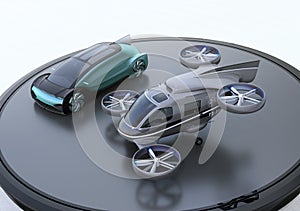 Metallic blue autonomous electric car and passenger drone parking on heliport photo