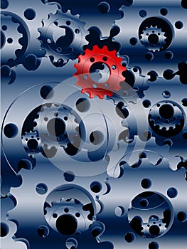 Metallic blue cogs and a red one background