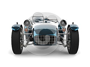 Metallic blue vintage open wheel sport racing car - front view