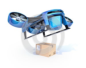 Metallic blue VTOL drone carrying delivery packages takeoff from white background