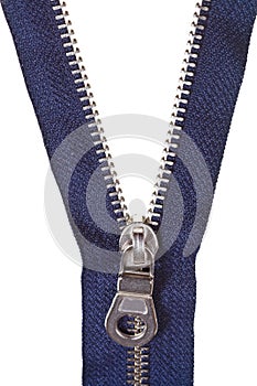 Metallic blue zip fastener close up