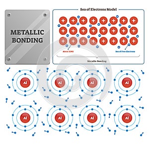 Metallic bonding vector illustration. Labeled metal ions and electrons sea. photo