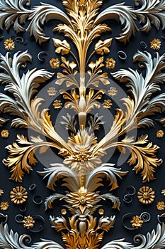 metallic botanical illustration, a stunning fusion of gold and silver floral designs on a black canvas, creating a