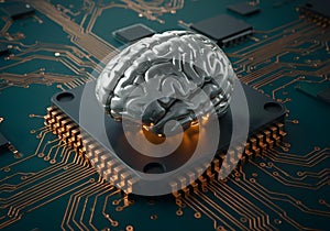 Metallic brain on central chip with circuit lines, conceptual AI brain computer interface and neural data processing in advanced