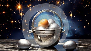 Metallic bucket with silver and gold eggs against a starry space backdrop. Concept of wealth, luxury, cosmic treasures