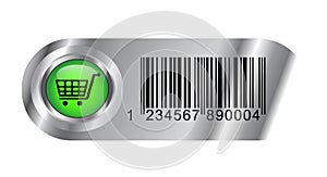 Metallic buy button with bar code and cart