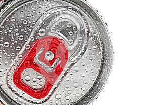 Metallic can of beer or soda on white background