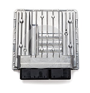 Metallic car engine control unit with plastic elements on a white isolated background is the connecting center of various