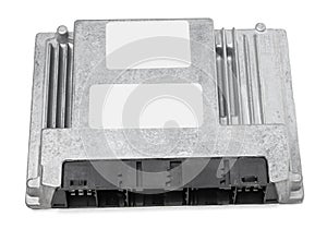 Metallic car engine control unit with plastic elements on a white isolated background is connecting center of various subsystems,